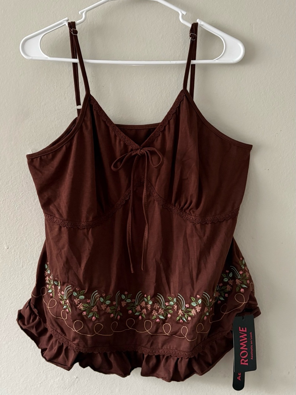 Top Romwe Fairycore Coffee Floral Embroidery Ruffles Size 3XL Women’s